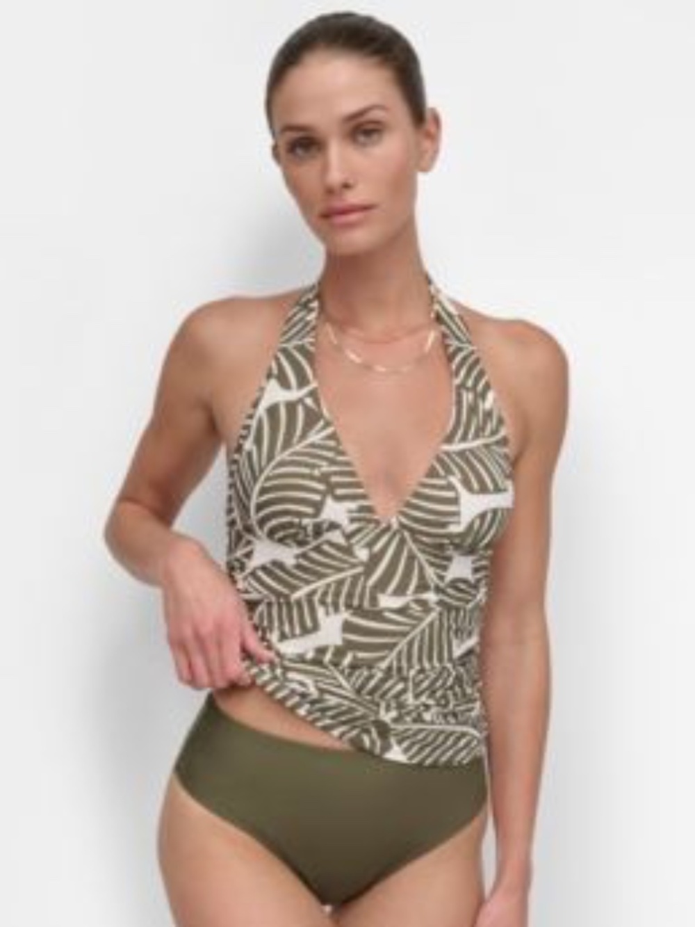Dkny Women's Halter V-Neck Shirred Tankini Top - Jungle Palm (Moss Combo)